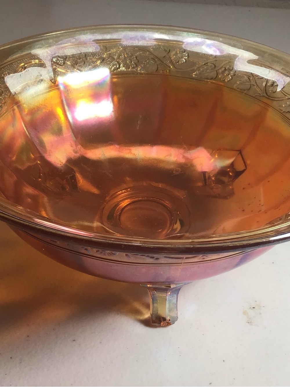 Iridescent Marigold Carnival Glass Pedestal Bowl